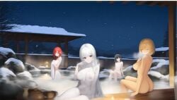 ai-generated big_breasts black_hair blonde_hair breasts highres large_breasts non-web_source onsen original outdoors red_hair short_hair small_breasts snow snowing steam white_hair winter