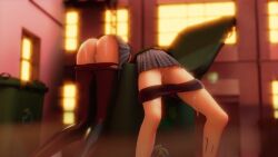 2girls 3d after_sex amagi_yukiko amateurthrowaway ass clothing cum cum_in_pussy cum_on_ass dumpster female highres human pale_skin persona persona_4 public satonaka_chie skirt tagme thrown_away trash_can