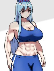 1girls abs big_breasts breasts cleavage clothed_female ehehe52921343 hat keine_kamishirasawa light-skinned_female mature_female muscular_female red_eyes solo solo_female sports_bra sportswear teacher touhou white_background