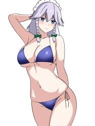 1girls big_breasts bikini breasts cleavage ehehe52921343 female female_only grey_hair hand_behind_head light-skinned_female maid revealing_clothes sakuya_izayoi silver_hair solo solo_female thick_thighs thighs touhou white_background