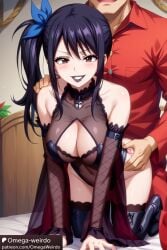 1girl1boy ai_generated black_hair boots doggy_style dress evil_smile fairy_tail female goth goth_girl gothic_fashion gothic_lolita lucy_heartfilia omega-weirdo patreon ribbon side_ponytail sleeves smile thigh_boots