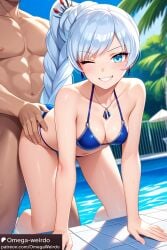 1girl1boy ai_generated bikini blue_eyes doggy_style doggy_style_position earrings female light-skinned_female light-skinned_male light_skin long_hair necklace omega-weirdo patreon pool poolside poolside_sex rwby rwby_ice_queendom side_ponytail smile weiss_schnee white_hair wink