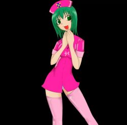 1girls 2011 black_background black_eyebrows black_eyes black_pupils blue_panties bunker_busters_(vocaloid) dark_green_eyes dark_green_hair ell182a_(masa_works_design) eyebrows eyebrows_visible_through_hair green_eyes green_hair gumi gumi_(bunker_busters) looking_at_viewer masa_works_design multicolored_eyes non-web_source nurse_hat nurse_outfit official_art panties panties_exposed panties_visible_through_clothing pink_nurse_outfit pink_thighhighs shiny shiny_clothes short_sleeves simple_background small_breasts solo solo_female tongue tongue_out vocaloid