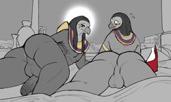 anthro anus ass avian backsack balls bird deity duo egyptian_mythology falcon falconid hi_res horus looking_at_viewer lying male male_only middle_eastern_mythology mythology nude on_front penis penis_backwards perineum ra securipun