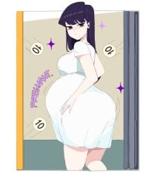 black_eyes black_hair blush blushing blushing_at_viewer dress earrings female_only jakejaccobus komi-san_wa_komyushou_desu komi_shouko large_breasts long_hair looking_at_viewer maternity_dress pale-skinned_female pale_skin pantless pregnancy pregnant pregnant_female sole_female sparkles white_dress