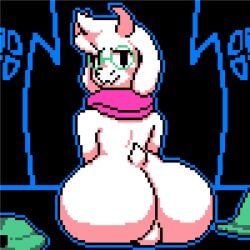 1boy 2d anthro anthro_male anthro_only ass ass_showing big_butt cute_fangs deltarune femboy furry furry_male furry_only glasses looking_at_viewer looking_back male male_only pink_scarf pixel_art ralsei ralsei_(deltarune) ralsei_with_white_fur scarf smile smiling smiling_at_viewer