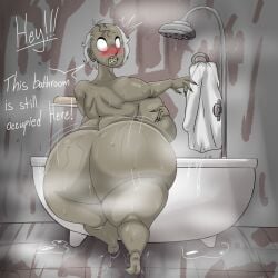 back_turned balding bathroom bathtub big_ass big_breasts blushing_at_viewer covering_breasts dark_skin dvloper fat_ass freckles_on_ass freckles_on_face gilf granny_(character) granny_(game) gray_hair hand_over_breasts hot_shower japansadface lips looking_back nightmare_waifu old_hag old_house older_female reaching_for_object sharp_nose shower shower_head soap_bar steam steaming_body suprised_look talking_to_viewer text thick_thighs towel water wet_body wet_floor yellow_teeth