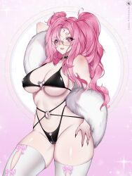 1girls absurd_res arm_behind_head asmodea_(artist) big_breasts bikini blush choker female female_only fur_scarf gift_art glasses heart_o-ring long_hair looking_at_viewer navier_(liokko_mao) o-ring o-ring_bikini o-ring_choker pink_eyes pink_hair ribbons round_glasses sharp_fingernails solo thick_thighs thighhighs twintails white_thighhighs