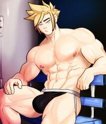 balls bara big_penis bulge cloud_strife final_fantasy final_fantasy_vii flaccid jockstrap kingdom_velvet male male_only muscles muscular penis solo solo_male