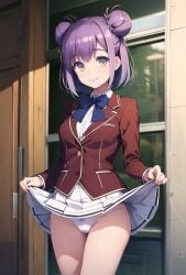 1girl ai_generated classroom_of_the_elite purple_hair red_blazer schoolgirl showing_panties skirt_lift smiling_at_viewer tachibana_akane_(cote) white_panties white_skirt yellow_eyes