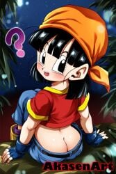 1girls ? accidental_exposure ai_generated akasenart ass ass_cleavage ass_crack bandana black_eyes black_hair butt_cleavage butt_crack clueless denim downpants dragon_ball dragon_ball_gt female_focus jeans looking_back night_sky no_panties oblivious pan_(dragon_ball) shirt sitting unaware wardrobe_malfunction