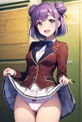 1girl ai_generated classroom_of_the_elite purple_hair red_blazer schoolgirl showing_panties skirt_lift smiling_at_viewer tachibana_akane_(cote) white_panties white_skirt yellow_eyes