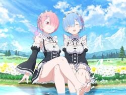 blue_eyes blue_hair feet pink_eyes pink_hair ram_(re:zero) re:zero_kara_hajimeru_isekai_seikatsu rem_(re:zero) river