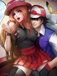 1boy 1girls alternate_breast_size amourshipping black_legwear black_shirt black_thighhighs blonde_hair blue_eyes blush breast_grab breasts cameltoe cleavage clothed clothing erect_nipples female human human_only long_hair male nipple_bulge nipples open_mouth panties pikachu pink_panties pokémon_(species) pokemon pokemon_rgby pokemon_xy red_skirt satoshi_(pokemon) serena_(pokemon) serena_(pokemon_games) shirt spread_legs straight text thighhighs watermark wide_hips windwalker