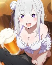 ai_generated alcohol beer blush emilia_(re:zero) lingerie natsuki_subaru purple_eyes re:zero_kara_hajimeru_isekai_seikatsu silver_hair white_hair