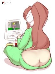 1girls accessory artist_name ass ass_crack bbw big_ass big_butt bottom_heavy brown_hair bubble_butt butt butt_crack buttocks child_bearing_hips chubby chubby_female clothed clothing controller dat_ass doki_doki_literature_club fat_girl female female_only female_solo focused food gamer_girl gaming green_clothing hair_accessory hair_bow hair_ornament holding_controller holding_object large_ass lewddoodler light-skinned_female light_skin long_hair looking_away mod monika_(doki_doki_literature_club) natsuki_(doki_doki_literature_club) no_panties playing_videogame ponytail rear_view sitting solo solo_female super_mario_64 television thick thick_ass thick_thighs tied_hair tv white_hair_bow white_hair_ornament wide_hips