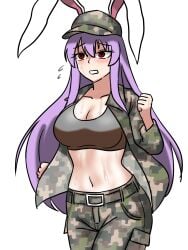 1girls big_breasts blush_lines breasts bunny_ears bunny_girl cleavage clothed_female curvy curvy_female ehehe52921343 hat light-skinned_female long_hair military_hat military_uniform purple_hair red_eyes reisen_udongein_inaba solo solo_female sweat touhou white_background