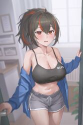 absurdres ahoge black_bra black_hair blush bra breasts cleavage collarbone cowboy_shot female grey_shorts hair_between_eyes highres indoors large_breasts long_hair looking_at_viewer multicolored_hair navel open_mouth opening_door orange_eyes orange_hair p_shiki ponytail shorts sidelocks solo standing streaked_hair sweatdrop two-tone_hair underwear window zenless_zone_zero zhu_yuan