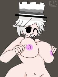 2d belly_button big_breasts boobs breasts brown_background chaotic_hat character_name micela_maryori_(minstlu) minstlu mob_face nipples no_sclera nude_female oc oc_roblox roblox roblox_oc robloxian smile white_hair wink