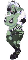 bikini black_lipstick booteaclapbear female goblin goblin_female goth green_skin huge_breasts navel_piercing nipple_piercing piercings ripped_stockings