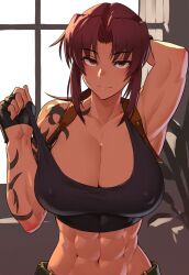 1girls abs ai_generated biceps black_lagoon cleavage collarbone large_breasts lifting_shirt looking_at_viewer medium_hair midriff muscle_mommy muscular_female navel nipples_visible_through_clothing revy smile solo solo_female tattoo tattooed_arm tomboy waist_up