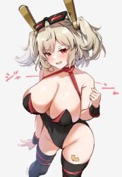 alternate_costume black_leotard blush breasts burnice_white cleavage collarbone cowboy_shot female hair_between_eyes highres large_breasts leotard light_brown_hair long_hair looking_at_viewer open_mouth red_eyes sidelocks smile solo standing teeth thighhighs thighs xlyami zenless_zone_zero