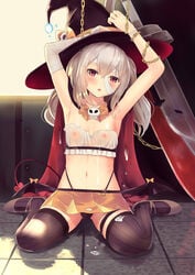 areolae armpits arms_up ayanami_(azur_lane) ayanami_(witch_in_ambush)_(azur_lane) azur_lane bandages bangs black_legwear black_panties blush bondage bondage bound breasts cape chained chains collarbone commentary_request culter cum cum_on_body cum_on_breasts cum_on_clothes cum_on_lower_body cum_on_upper_body demon_tail demon_wings female hair_between_eyes hat hat_ribbon head_tilt highleg highleg_panties highres long_hair looking_at_viewer midriff miniskirt navel nipples orange_ribbon orange_skirt panties red_eyes ribbon see-through sidelocks silver_hair sitting skirt small_breasts solo string_panties sword tail thighhighs thong underwear wariza weapon wings witch_hat