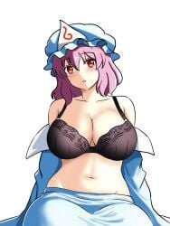 1girls big_breasts black_bra blush blush_lines bra breasts cleavage clothed_female ehehe52921343 ghost_girl hat light-skinned_female pink_eyes pink_hair solo solo_female touhou white_background yuyuko_saigyouji