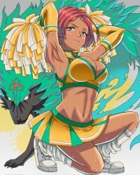 1girls artist_request blue_eyes blush blushing cheerleader cheerleader_uniform cleavage dark-skinned_female dark_skin embarrassed giovanna_(guilty_gear) guilty_gear_strive kneeling pom_poms red_hair sweat