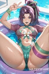 ai_generated blue_eyes breasts cameltoe female futarush looking_at_viewer marvel marvel_comics marvel_rivals multicolored_hair navel patreon patreon_username ponytail pool psylocke psylocke_(breezy_butterfly) psylocke_(marvel_rivals) purple_hair sai_(marvel) solo spread_legs sultryspark swimsuit water wet
