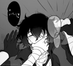 bandage bandage_over_one_eye bandages blush bottom_dazai bsd bungo_stray_dogs bungou_stray_dogs closed_eyes dazai_osamu feminine_male hand_over_mouth implied_penetration implied_sex male male/male male_focus male_only male_pov males_only monochrome osamu_dazai pov pov_male soukoku twink wrist_grab