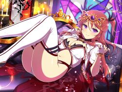 ashiya_(senran_kagura) ass_visible_through_thighs bare_arms bare_belly belly_button blush body_blush breasts cleavage closed_mouth couch feet_out_of_frame fingerless_gloves hair_ornament jewelry long_hair lying marvelous medium_breasts official_art panties ponytail purple_eyes red_hair senran_kagura senran_kagura_new_link senran_kagura_new_wave shiny_skin smile thighhighs thighs tiara white_panties white_thighhighs