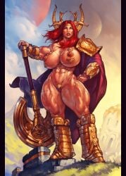 abs armored_boots axe barbarian commission huge_breasts janrock muscular_arms muscular_female o-ring original outdoors red_eyes single_pauldron single_shoulder_pad skimpy_armor standing thick_thighs thong valydrea_(stygian)