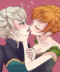 2girls anna_(frozen) blonde_hair blue_eyes disney dress elsa_(frozen) eyes_closed female female_only frozen_(film) grabbing_face incest kissing kokuchuutei long_hair princess red_hair saliva sister_and_sister sisters yuri