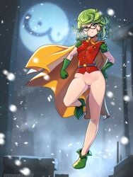 1girls ass_visible_through_thighs bottomless bottomless_female dc dc_comics female female_focus female_only green_hair kagato007 no_panties one-punch_man partially_clothed pussy robin_(dc) robin_(dc)_(cosplay) small_breasts solo solo_female solo_focus tatsumaki thighs