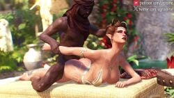 1boy 1girls 3d ambiguous_penetration animated ass big_ass big_breasts big_butt blue_eyes blush bosmer breasts brown_eyes brown_hair cleavage clothing dark-skinned_male dark_skin elf elf_ears elf_female elf_girl female female_penetrated garden grabbing grabbing_from_behind hair_ornament hairbun headband hi_res holding holding_head horns human laying_down light-skinned_female light_skin looking_back loop male moaning nipples on_bed penetration poolside redguard robe sex sex_from_behind shorter_than_30_seconds skyrim sound straight tagme the_elder_scrolls ugraine underwear underwear_aside unimpressed video video_games wood_elf