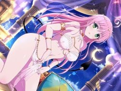 ahoge armlet ass_visible_through_thighs bare_arms bare_belly bare_legs bare_shoulders bare_thighs belly_button blush body_blush bra bracelet breasts choker cleavage demon_tail green_eyes harem_outfit jewelry lala_satalin_deviluke long_hair night official_art open_mouth panties pelvic_curtain pink_hair revealing_clothes senran_kagura_new_link shiny_skin small_breasts thighs to_love-ru underwear white_bra white_panties yaegashi_nan