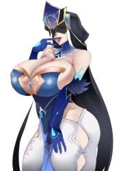 2021 2d 2d_(artwork) blue_clothing blue_eyes digital_art digital_drawing_(artwork) dominant_female eye_patch fatui fatui_mirror_maiden_(genshin_impact) female_only fully_clothed genshin_impact gloves hand_on_thigh hat horny horny_female huge_breasts hukiguni large_breasts large_thighs light-skinned_female lipstick looking_at_viewer looking_down mature_female mature_woman mihoyo milf robe seductive_look seductive_mouth seductive_smile simple_background solo_female solo_focus standing thick_thighs thighhighs tight_clothing tongue_out two_fingers_up white_background