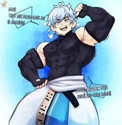 balls bara big_penis chongyun_(genshin_impact) clothing flexing fully_clothed genshin_impact kingdom_velvet male male_only muscles muscular penis solo solo_male text