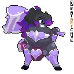 1:1 2024 animated anthro batartcave big_breasts big_bulge black_body black_fur black_hair bovid breasts bulge caprine cleavage clothed clothing fur giant_hammer goat gynomorph hair hammer huge_breasts huge_bulge idle_animation intersex mammal multicolored_hair pixel_animation pixel_art purple_hair short_playtime smile solo standing tools transparent_background two_tone_hair weapon white_outline