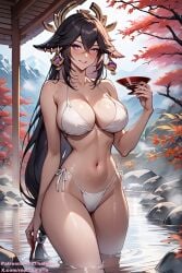 ai_generated big_breasts bikini bikini_bottom bikini_top black_hair cleavage deep_navel earrings female female_focus female_only genshin_impact hair_ornament navel onsen perfect_body sake smile smiling smiling_at_viewer standing thalaria!! thin_waist white_hair yae_miko