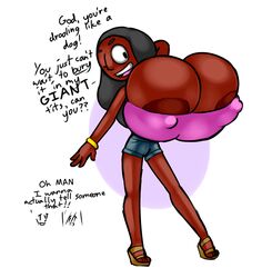 areolae black_hair breasts breasts_bigger_than_head cartoon_network connie_maheswaran dark-skinned_female dark_skin english_text female high_heels hyper hyper_breasts nipples nipples_visible_through_clothing norithics short_shorts shortstack solo steven_universe text white_background young