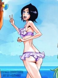 1girls accurate_art_style alternate_hairstyle anime_style arm_at_side ass back_view bandeau beach bikini_bottom bikini_top black_hair bleach bleach:_the_thousand-year_blood_war breasts clothed clothes clothing female female_focus from_behind happy highres hourglass_figure kuchiki_rukia light-skinned_female light_skin looking_at_viewer looking_back ocean open_mouth open_mouth_smile outdoors peace_sign purple_eyes purple_swimsuit ririvart shiny shiny_hair shiny_skin short_hair sideboob skinny sky small_ass small_breasts smaller_female smile solo solo_focus standing summer sunlight swimsuit swimwear teeth teeth_showing thin_waist two-piece_swimsuit two_piece_swimsuit water watermark