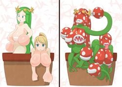 anthro big_breasts blonde_hair breasts crown duo enemy_conversion female flora_fauna furry green_hair hair hi_res human kid_icarus mammal mario_(series) metroid nintendo nipple_mouth nude palutena pattern piranha_plant plant plant_girl plant_humanoid plant_pot plant_transformation post_transformation red_hair samus_aran sharp_teeth simple_background spots super_smash_bros. teeth tongue transformation video_games vines what