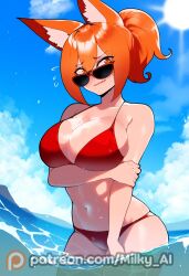 1girls ai_generated beach big_breasts bikini embarrassed embarrassed_nude_female fox_ears fox_girl hi_res looking_at_viewer looking_over_eyewear looking_over_sunglasses milky_ai orange_eyes orange_hair original original_character ponytail portrait sunglasses thiccwithaq_(ai_style) thick_thighs tinted_eyewear wet yumi_(milky_ai)