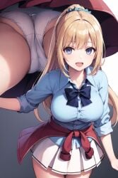 1girls ai_generated blonde_hair blue_eyes blue_ribbon blue_shirt busty_female classroom_of_the_elite hair_scrunchie karuizawa_kei looking_at_viewer ponytail schoolgirl upskirt white_panties white_skirt yoshi