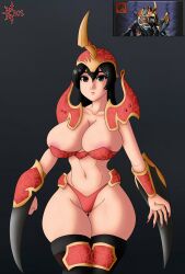 1girl armored_female big_boobs big_breasts big_thighs big_waist black_eyes black_hair caosenriqueart dota_2 female girl humanization humanized long_hair monster_girl nipples nyx_assassin solo