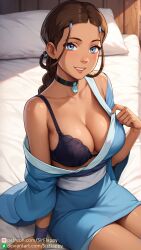 1girls ai_assisted ai_generated avatar_legends avatar_the_last_airbender black_bra blue_eyes bra breasts brown_hair cleavage female female_only katara looking_at_viewer ponytail sirflappy solo water_tribe