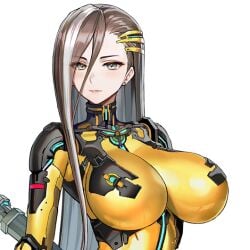 battle_suit battlesuit bodysuit brown_hair color deconstructor_azaz eyebrows_visible_through_hair eyes_visible_through_hair female female_focus female_only fully_clothed game_cg hair_behind_ear hair_between_eyes hair_ornament high_collar huge_breasts last_origin long_hair looking_at_viewer multicolored_hair serious serious_face serious_look shiny_bodysuit shiny_clothes taesi teal_eyes tight_bodysuit tight_clothing transparent_background upper_body weapon white_hair yellow_bodysuit