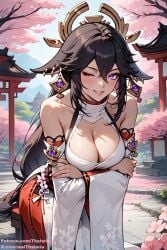 ai_generated arms_crossed_under_breasts bending_forward big_breasts black_hair cleavage crossed_arms earrings female female_focus female_only genshin_impact glistening_skin hair_ornament miko_outfit perfect_body purple_eyes sakura_tree sitting_on_chair thalaria!! wink yae_miko